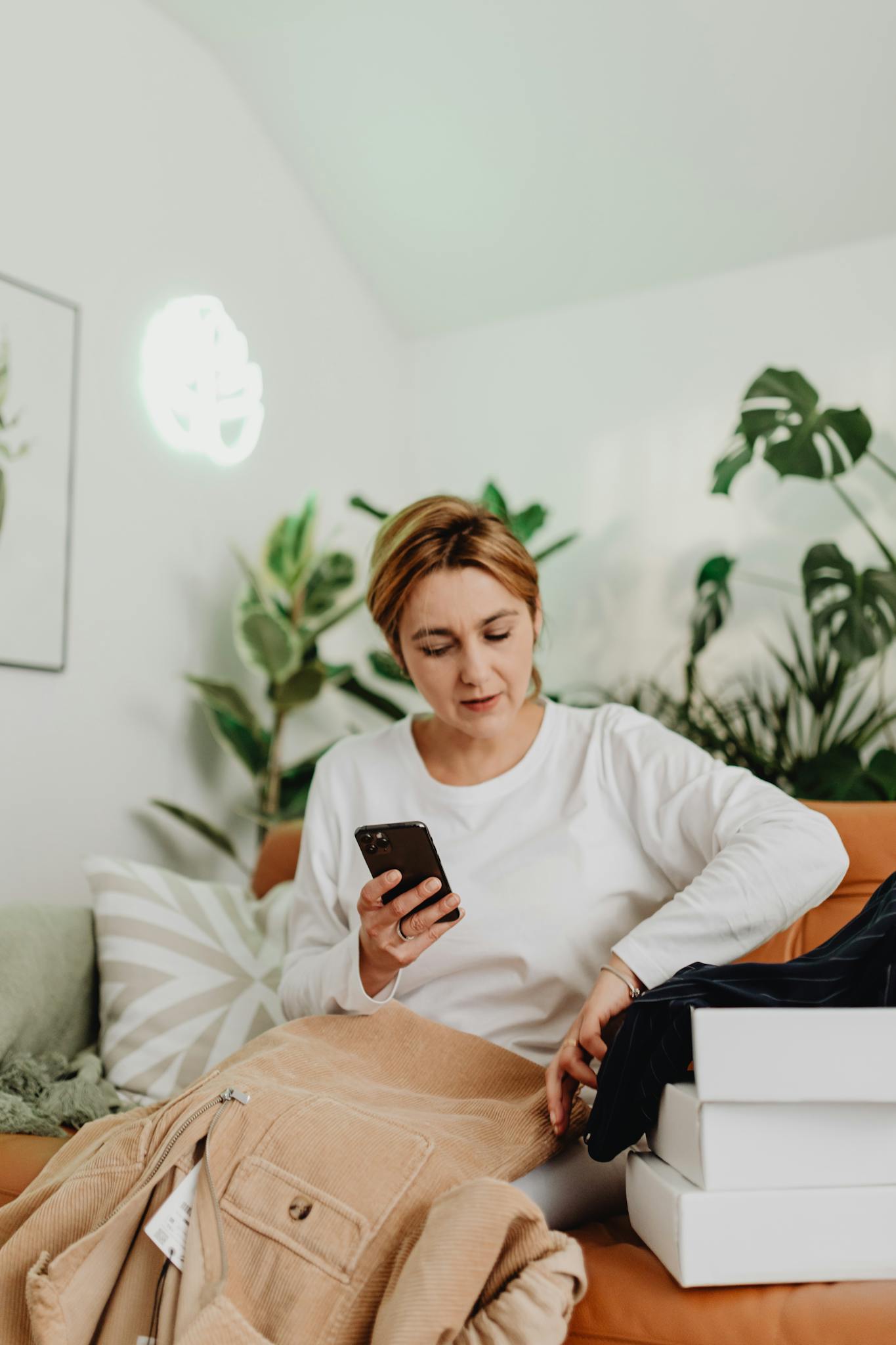 Woman using smartphone while shopping online, surrounded by boxes and plants.